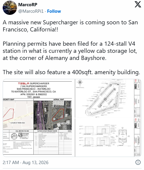 特斯拉要在旧金山建124个V4超充桩特斯拉要在旧金山市中心搞个大动作，124个V