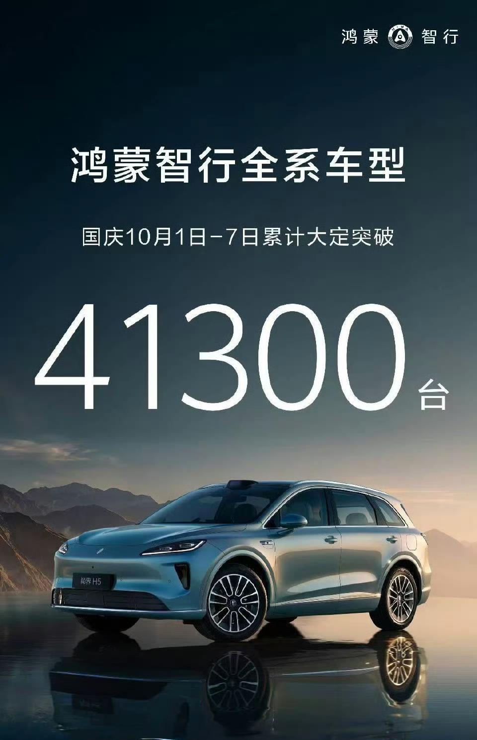 鸿蒙智行国庆7天累计大定破41300辆，假期还剩最后一天，能否破5万辆呢？
来看