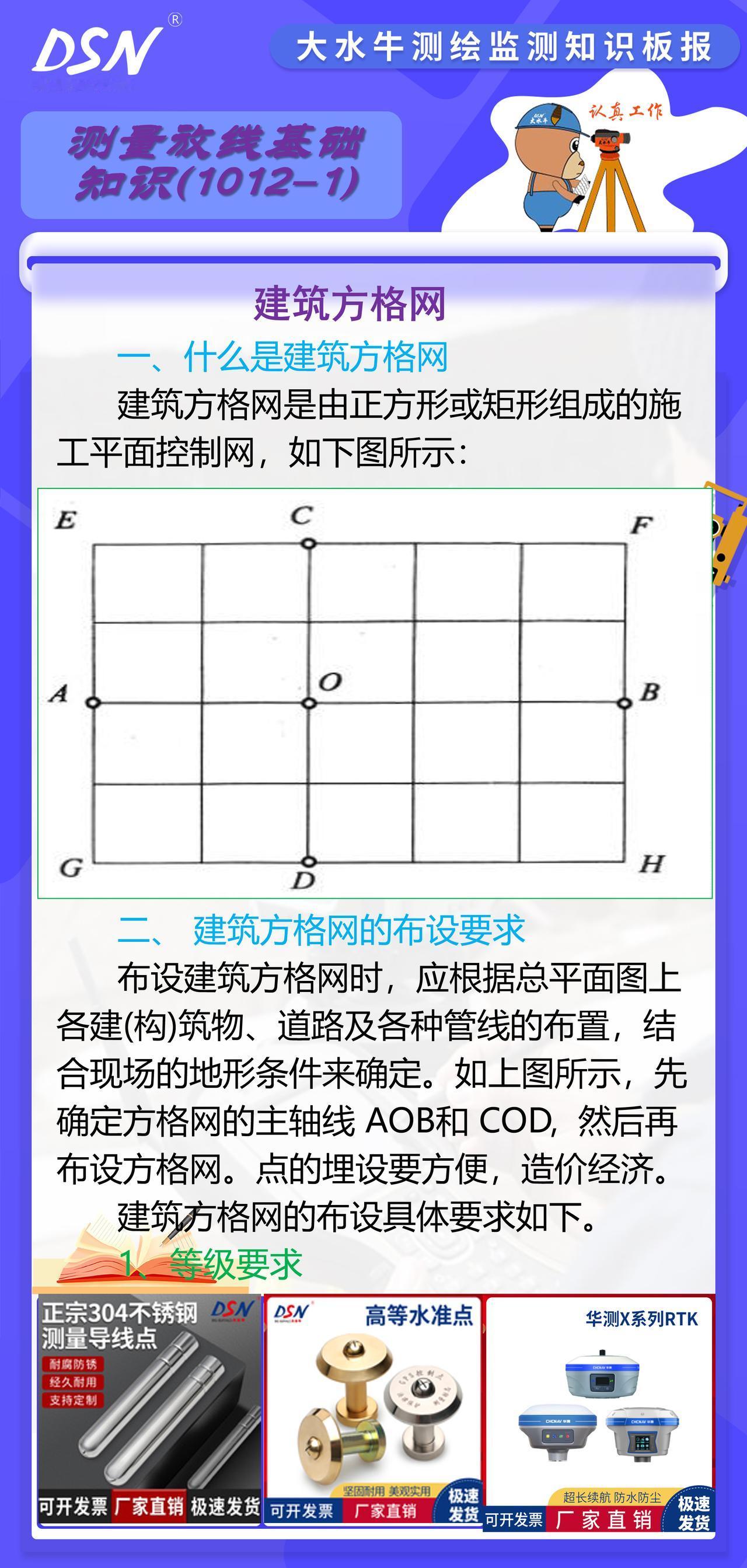 赛维板报|建筑方格网
布设建筑方格网时，应根据总平面图上各建(构)筑物、道路及各