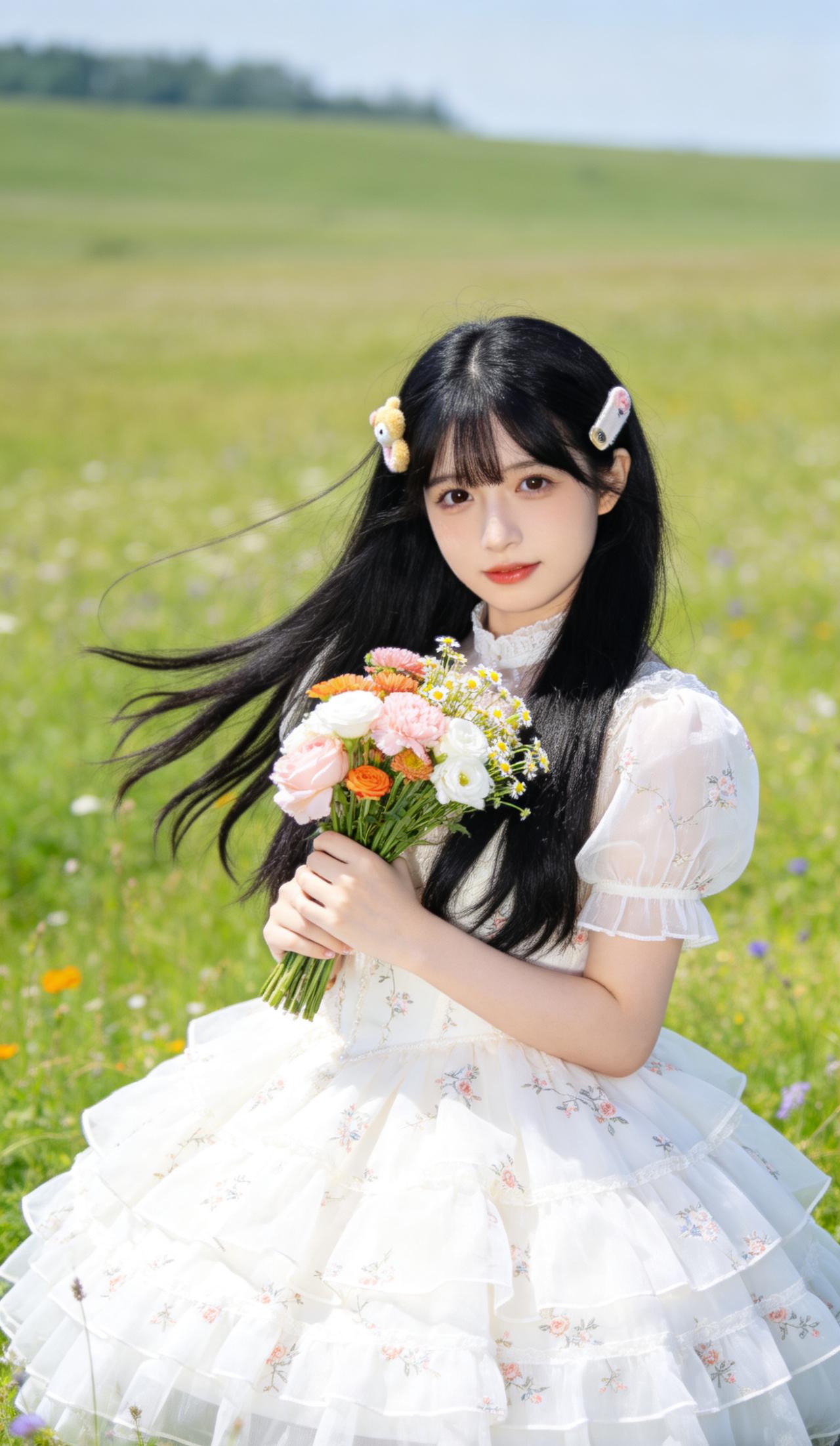 在花海中，少女手持花束，宛如童话中的公主。甜美小仙女的穿搭 花海少女照 如何穿搭