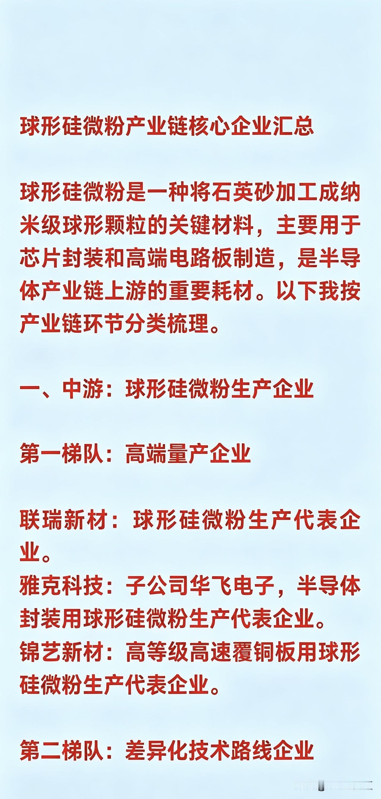 球形硅微粉产业链核心企业汇总
 
球形硅微粉是一种将石英砂加工成纳米级球形颗粒的