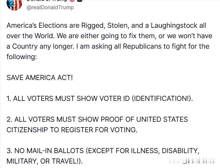 川普吐槽美国的选举。
“美国的选举是被操纵的、被偷窃的，在全世界都是笑柄。我们要