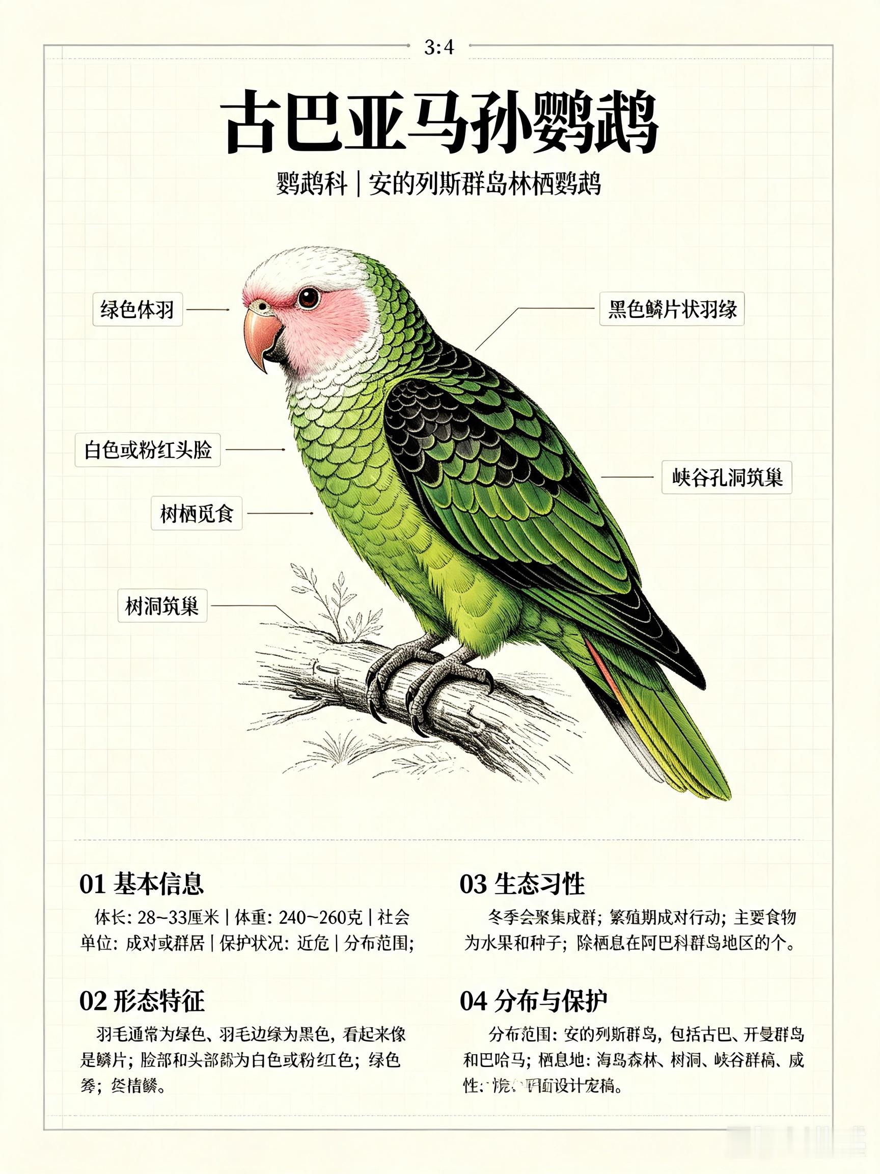 鸟类朋友图鉴 古巴亚马孙鹦鹉体长：28~33 厘米体重：240~260 克社会单