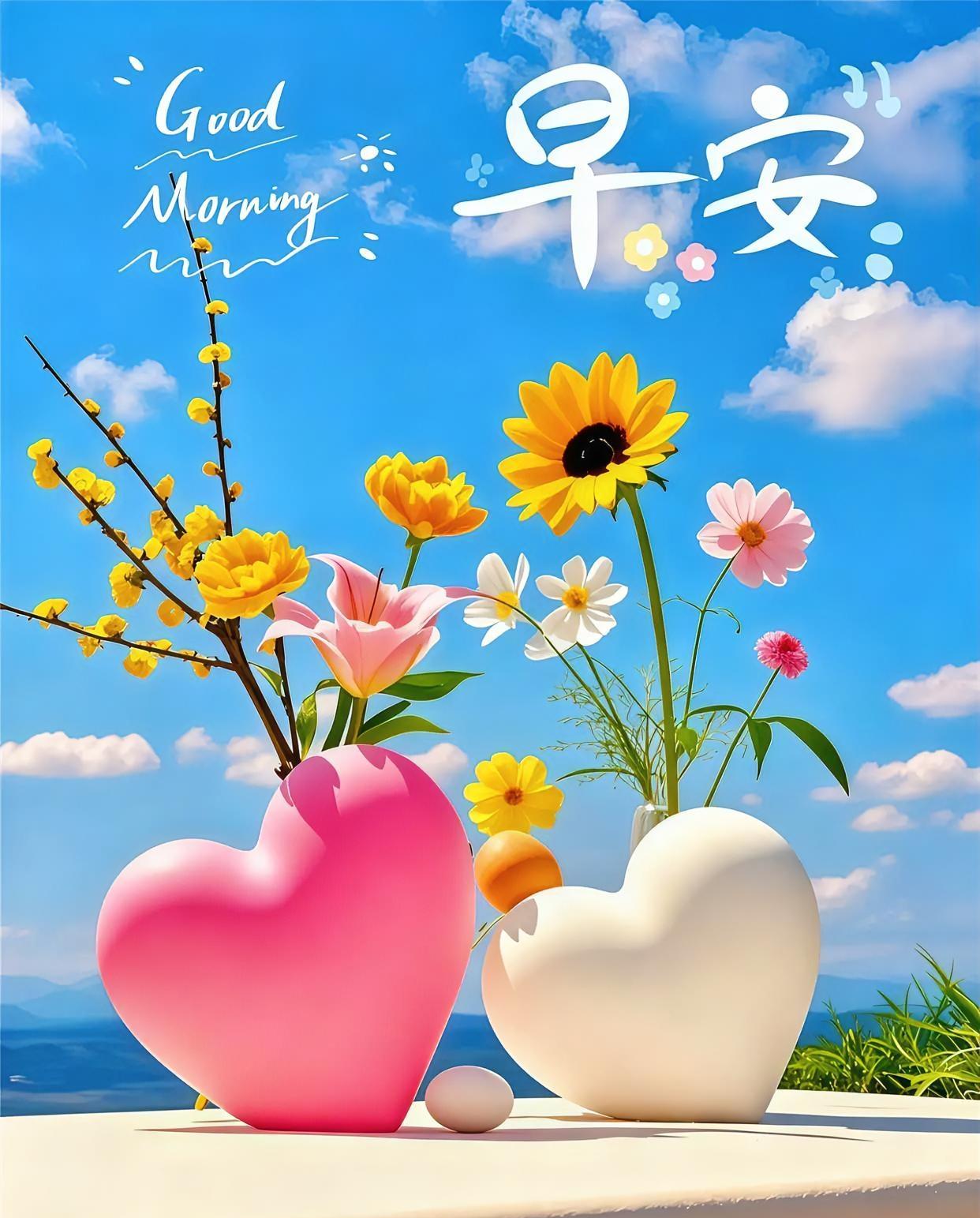 早安呀，心形花瓶盛满夏日限定浪漫，阳光正好，花香满溢，开启元气满满的一天！