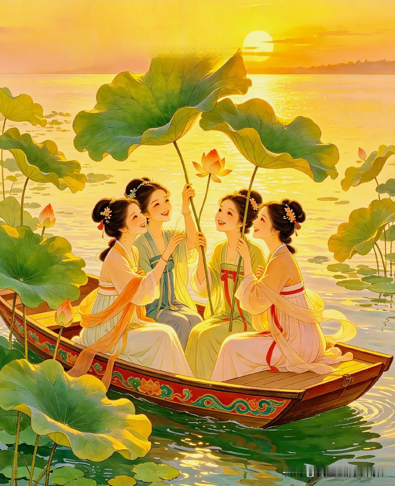 上联：游女折莲遮晚照
下联：有请雅士[玫瑰][玫瑰][玫瑰]