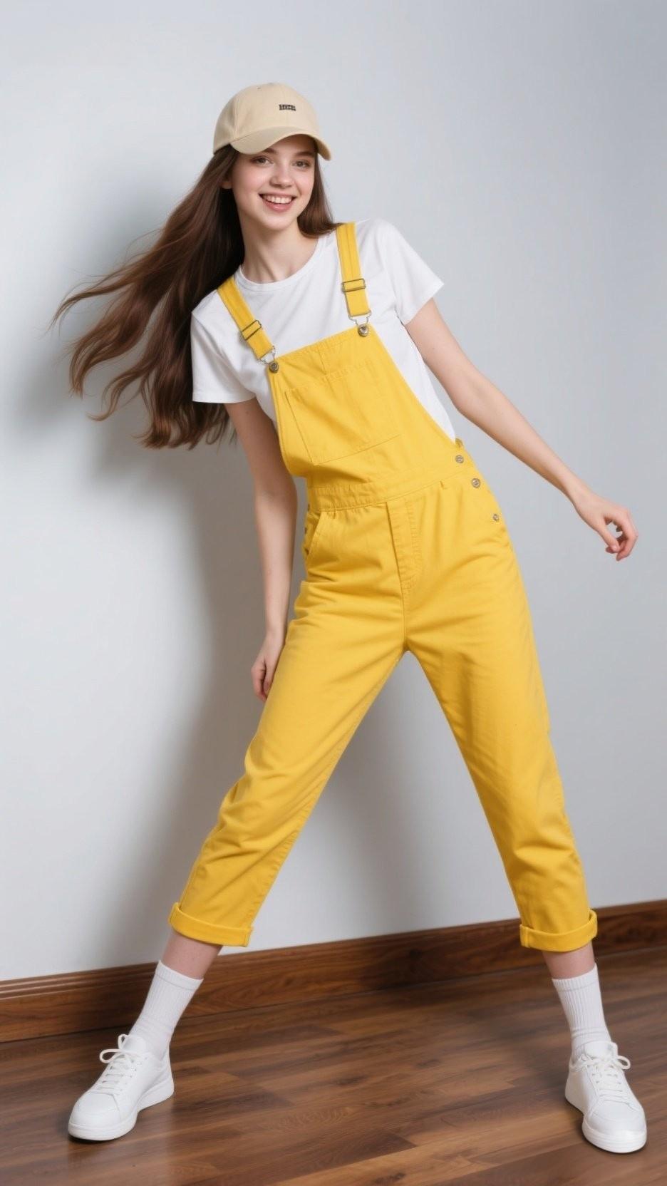 黄色背带裤搭配白色T恤，简直是元气少女标配！
就像宋佳，40岁穿背带裤搭白T恤，