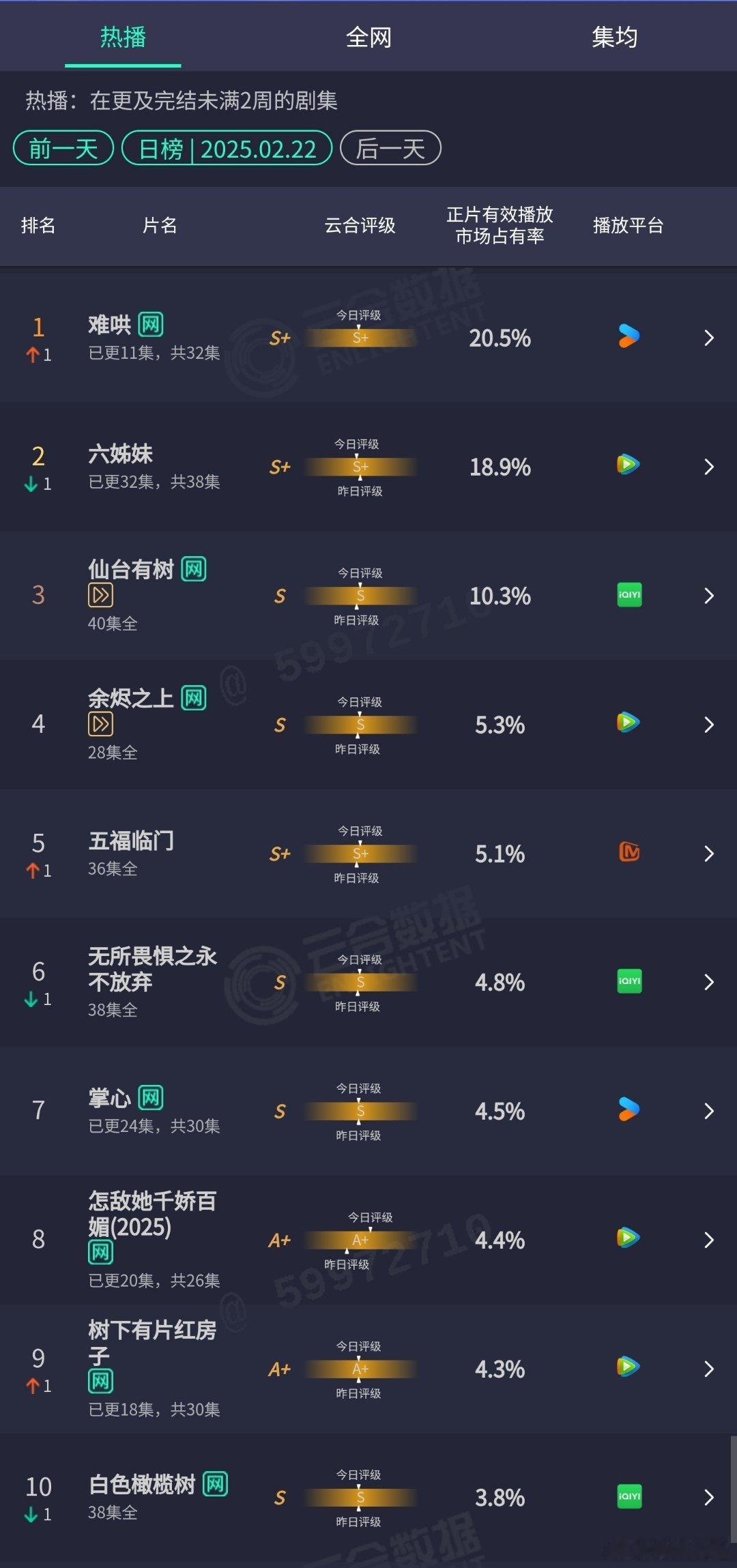 2.22云合：恭喜难哄20.5%登顶！仙台有树超点10.3%掌心4.5% 