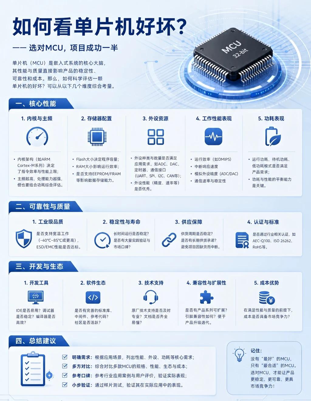 如何看单片机好坏？一张图讲清楚
单片机选错，后面全是坑🔍
	
一、核心性能
内