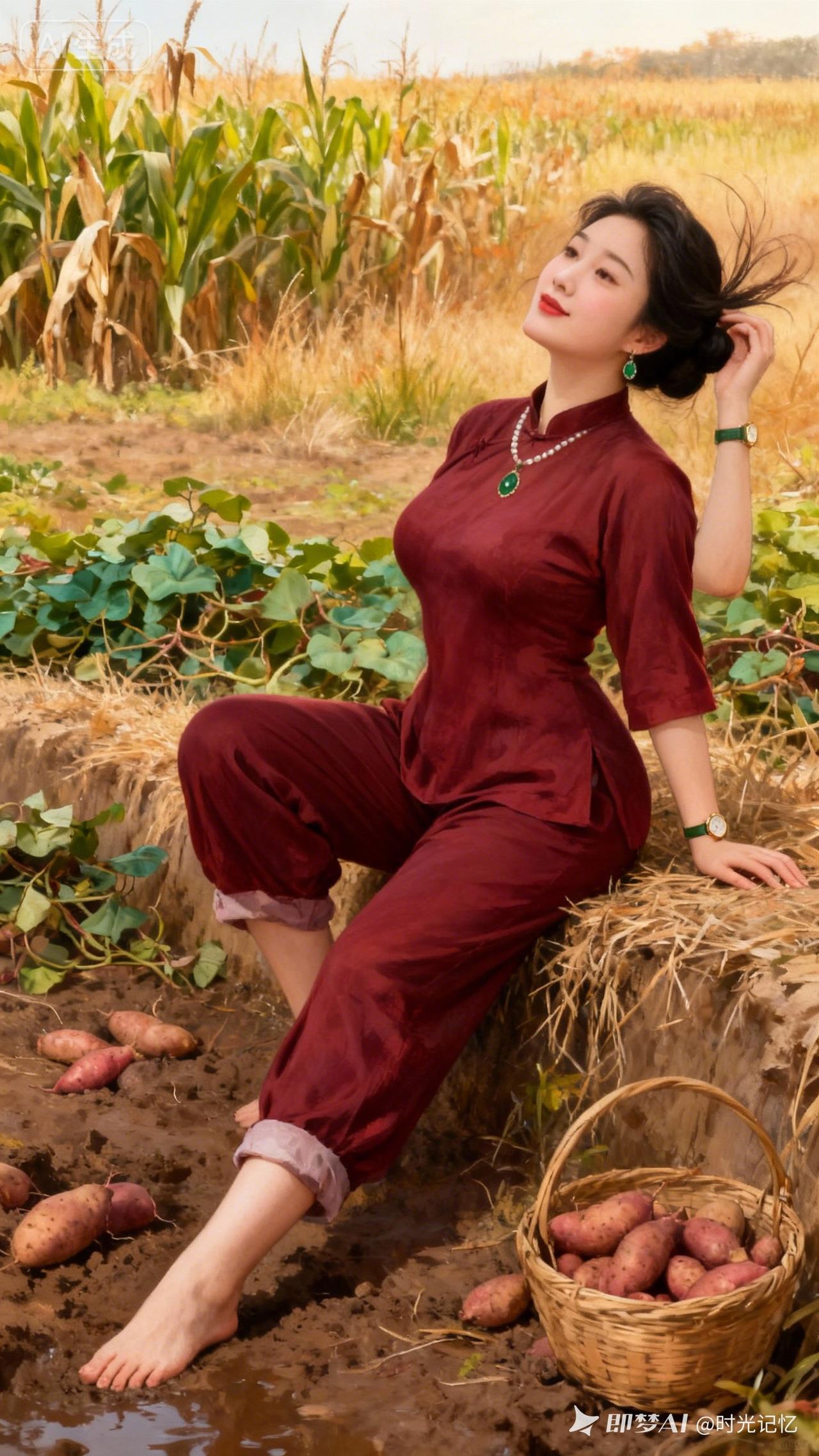 田园风光中的复古少女，手捧红薯，尽显自然之美。