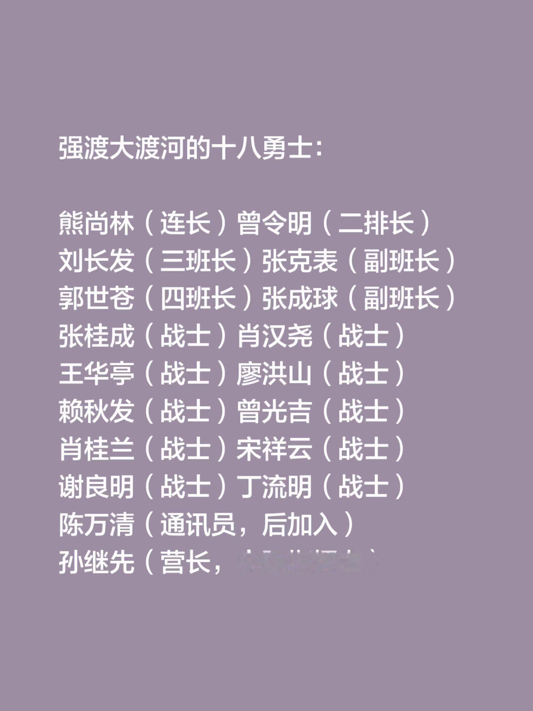 强渡大渡河的十八勇士：  熊尚林（连长）曾令明（二排长） 刘长发（三班...