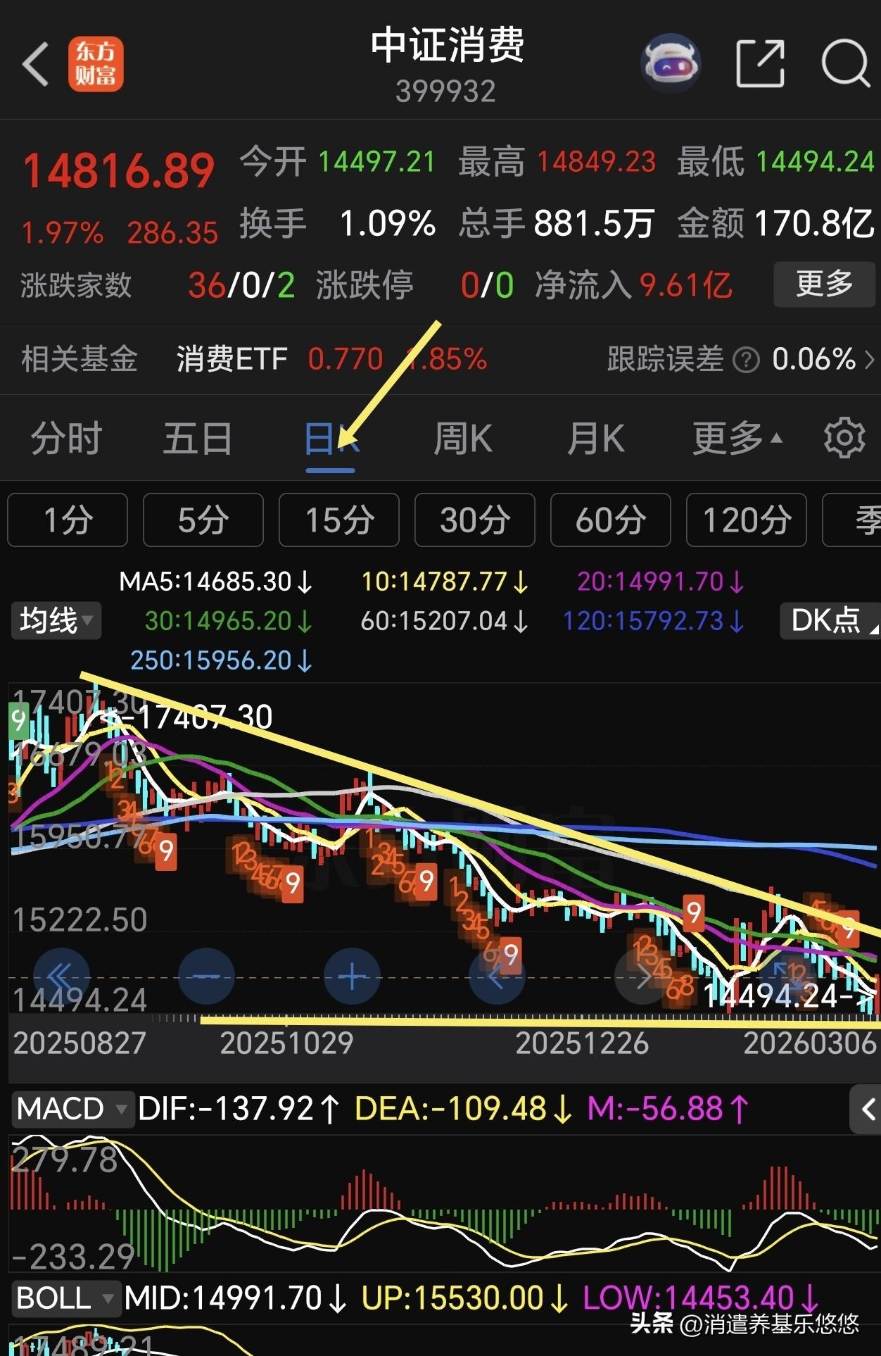 今天大消费板块出了一口气，强势反弹，接下来怎么办？
     下图是中证消费日线