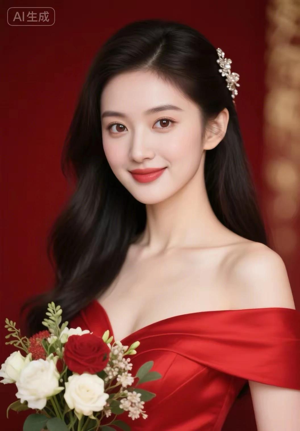 浅笑嫣然百媚生，
恰似春风拂柳轻。
国色天香轻似立，
眸若秋水映繁星。