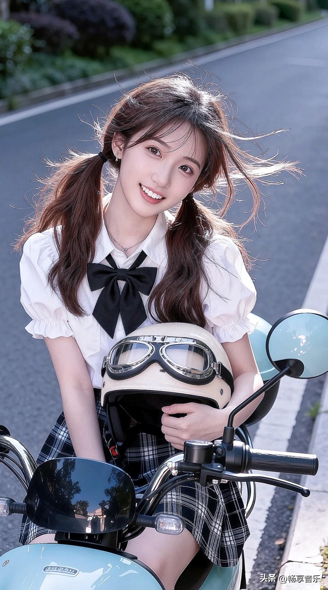 青春洋溢的少女，骑着复古摩托车，微笑如阳光般灿烂！🌞💖🚴‍♀️～分享甜美小
