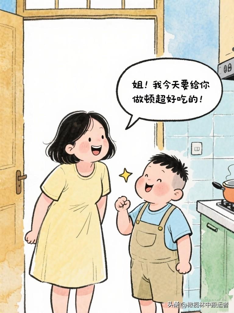 搞笑漫画：弟弟要给姐姐再做顿饭，厨房先后传来巨响、两次烟雾报警。姐姐冲进去一看，