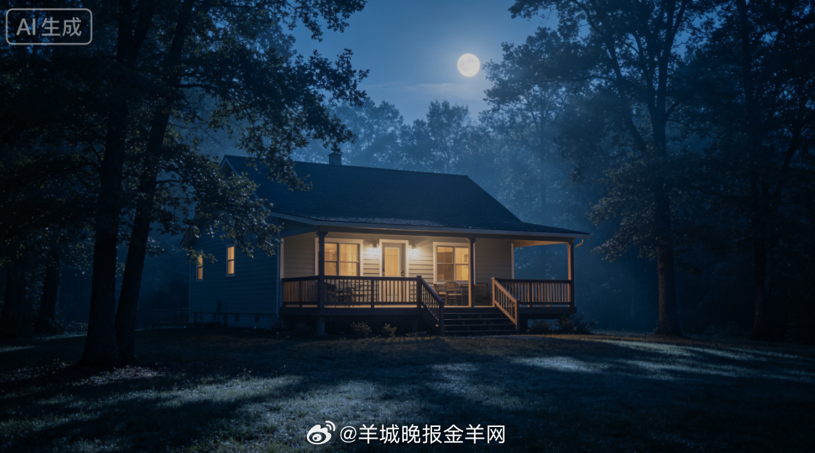 #晚安# 温柔月光倾泻在林间小屋露台，树影轻轻摇晃，晚风清爽柔和。静静倚着栏杆静
