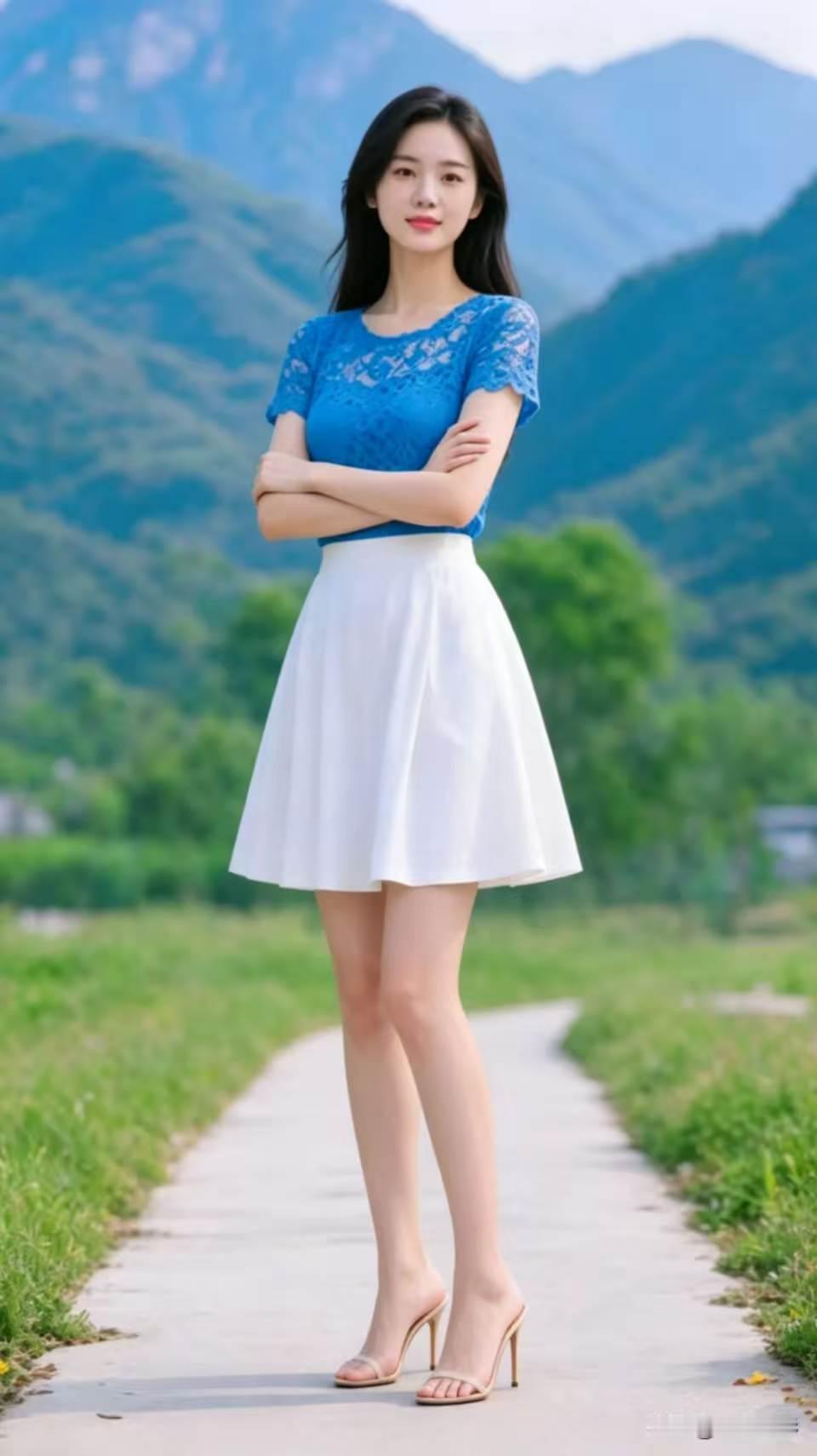 捣练子·青山倩影
蓝袖婉，素裙悠。
翠野青山眼底收。
静立嫣然风韵足，
一身清雅