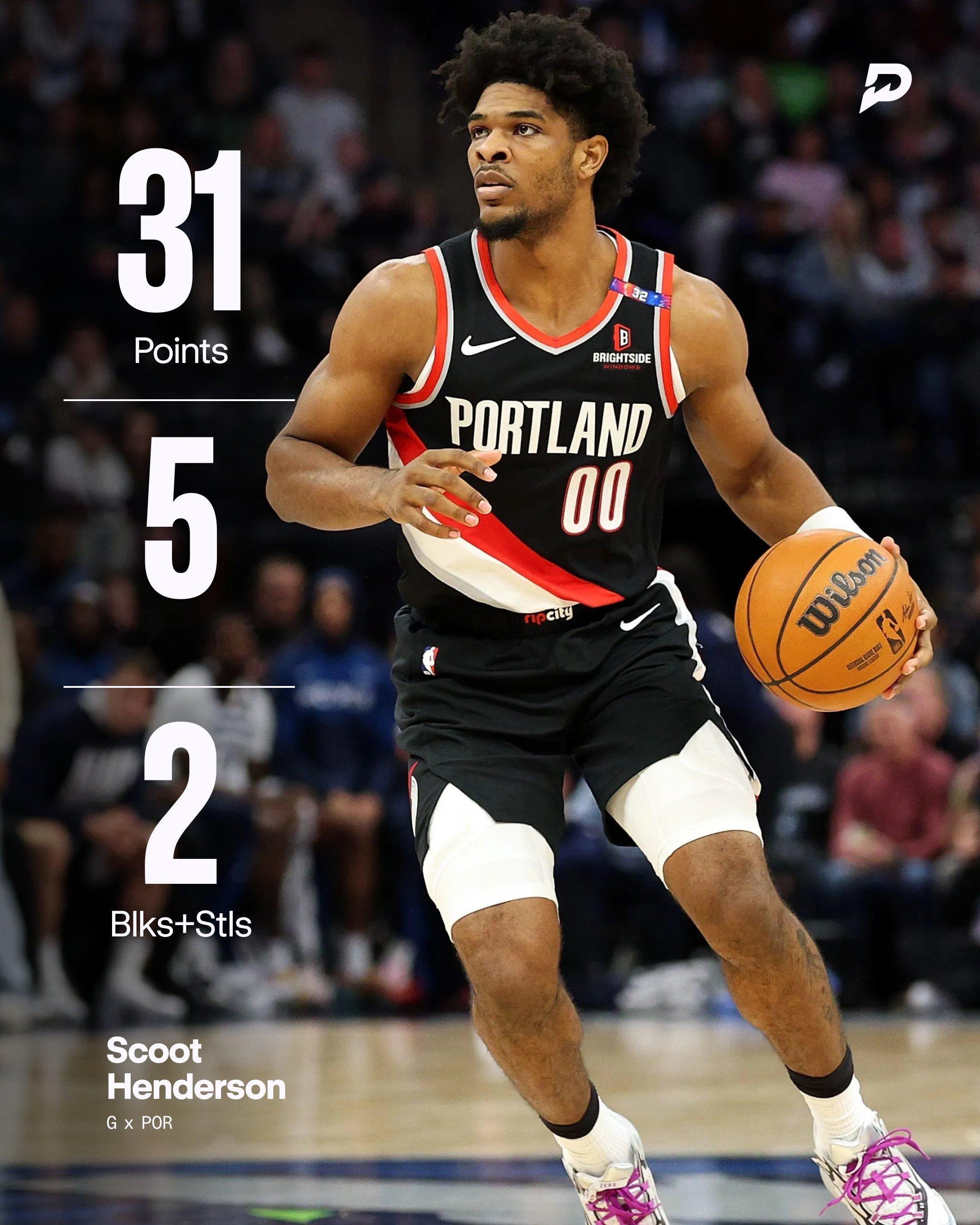 波特兰开拓者 斯科特·亨德森第二场比赛数据：31 分投篮 17 中 11三分球 