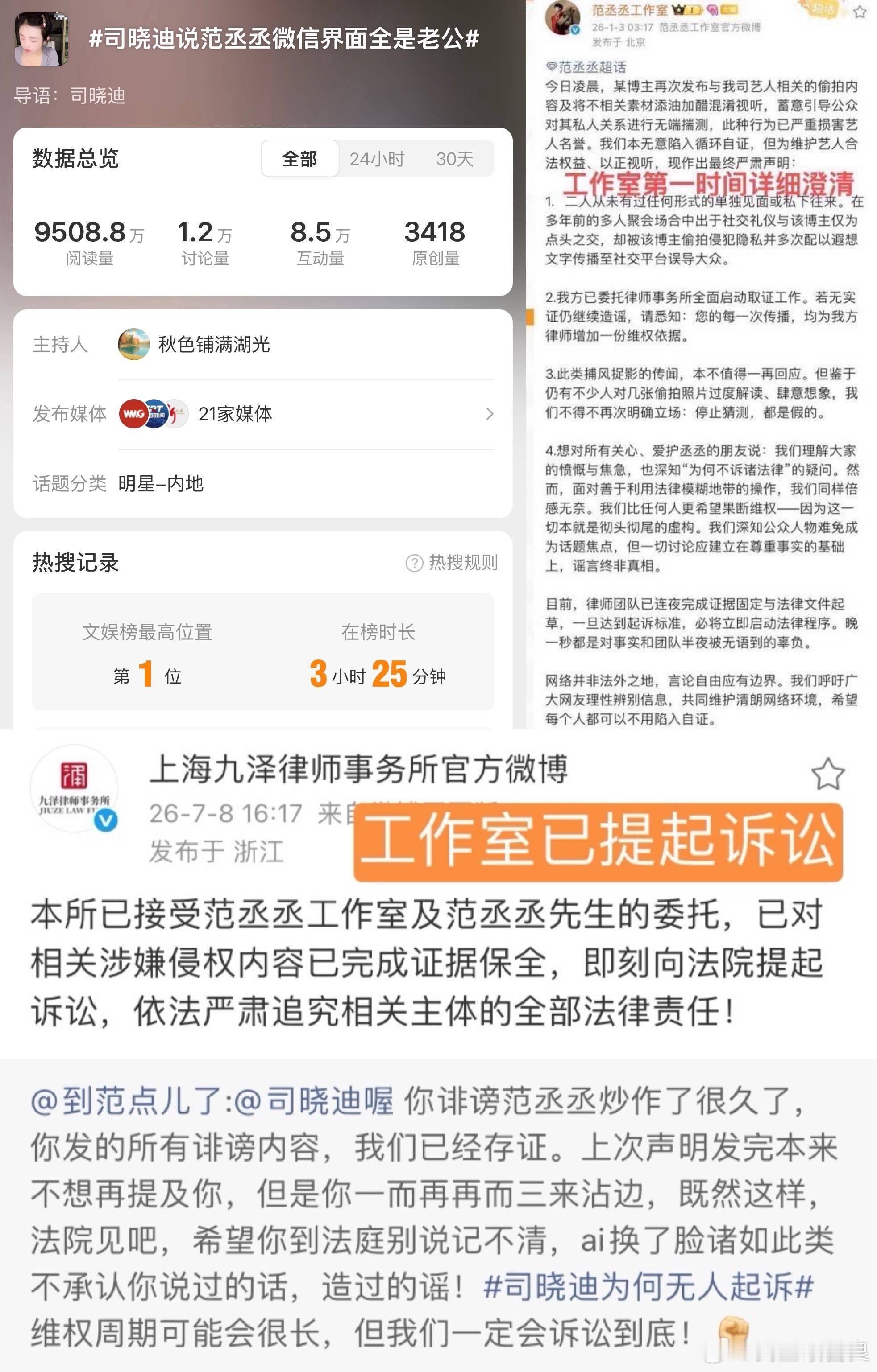 范丞丞方起诉司晓迪拿偷拍的两张照片翻来覆去蹭热度，误导网友的下作玩意，给你说了，