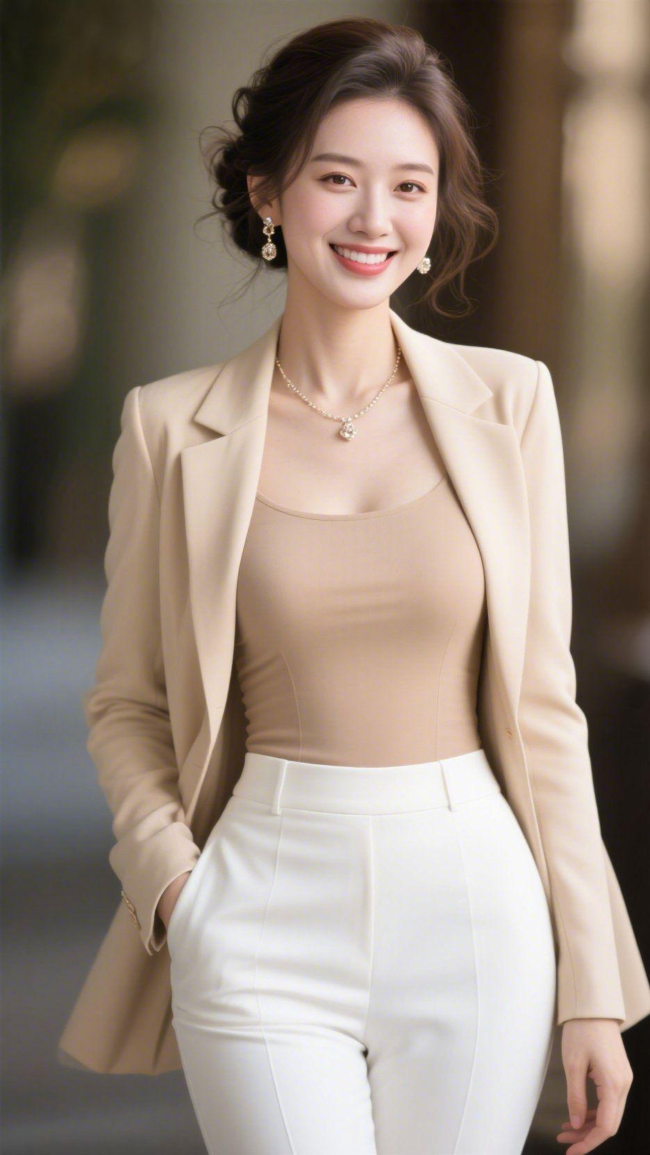 暖衫浸柔光
 
柔光漫过回廊，她轻整西装袖角。浅棕套装衬着舒展的姿态，似将午后的