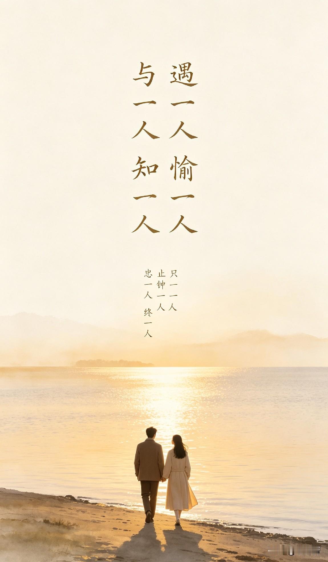 九句一字之差，
道尽爱情完整的一生。
遇一人——机缘相逢，人海当中有幸遇见。
愉