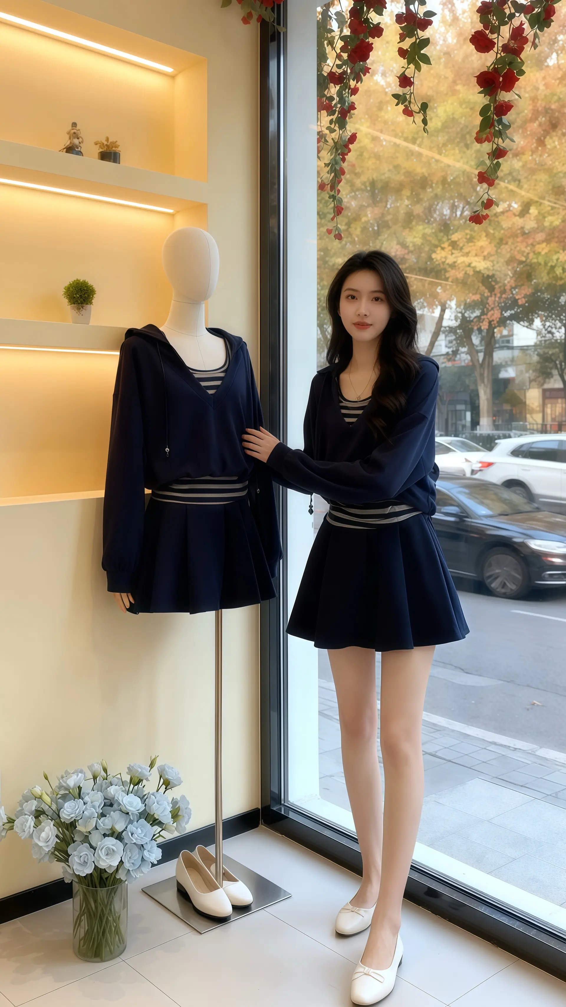 她穿着假两件时尚卫衣套装，藏青色卫衣叠搭条纹内搭，搭配A字百褶裙，在女...