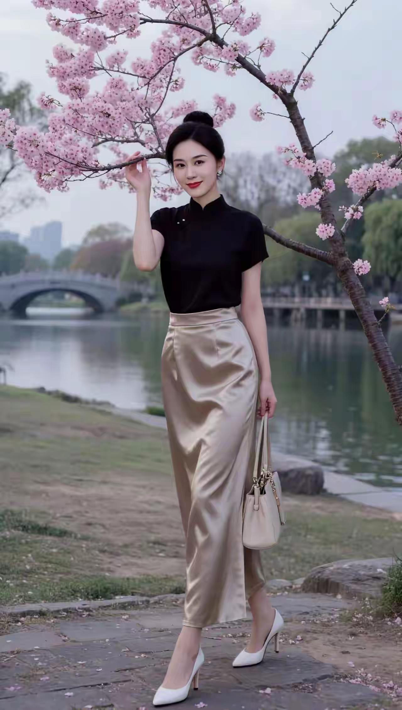 优雅黑裙与粉色花海，春日穿搭指南🌸👗👠