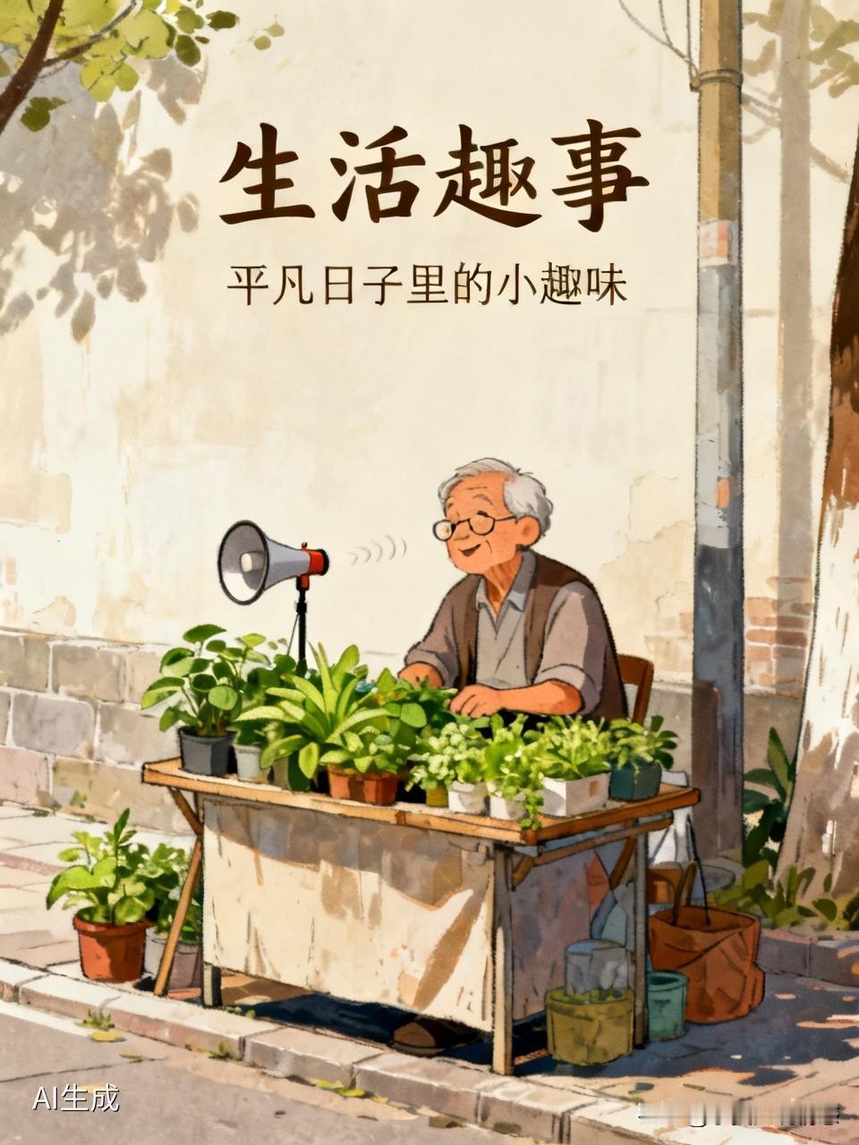 路边小摊的大爷卖小盆栽，本来没几个人看，他掏出个小喇叭放起了老歌，瞬间围了一堆路