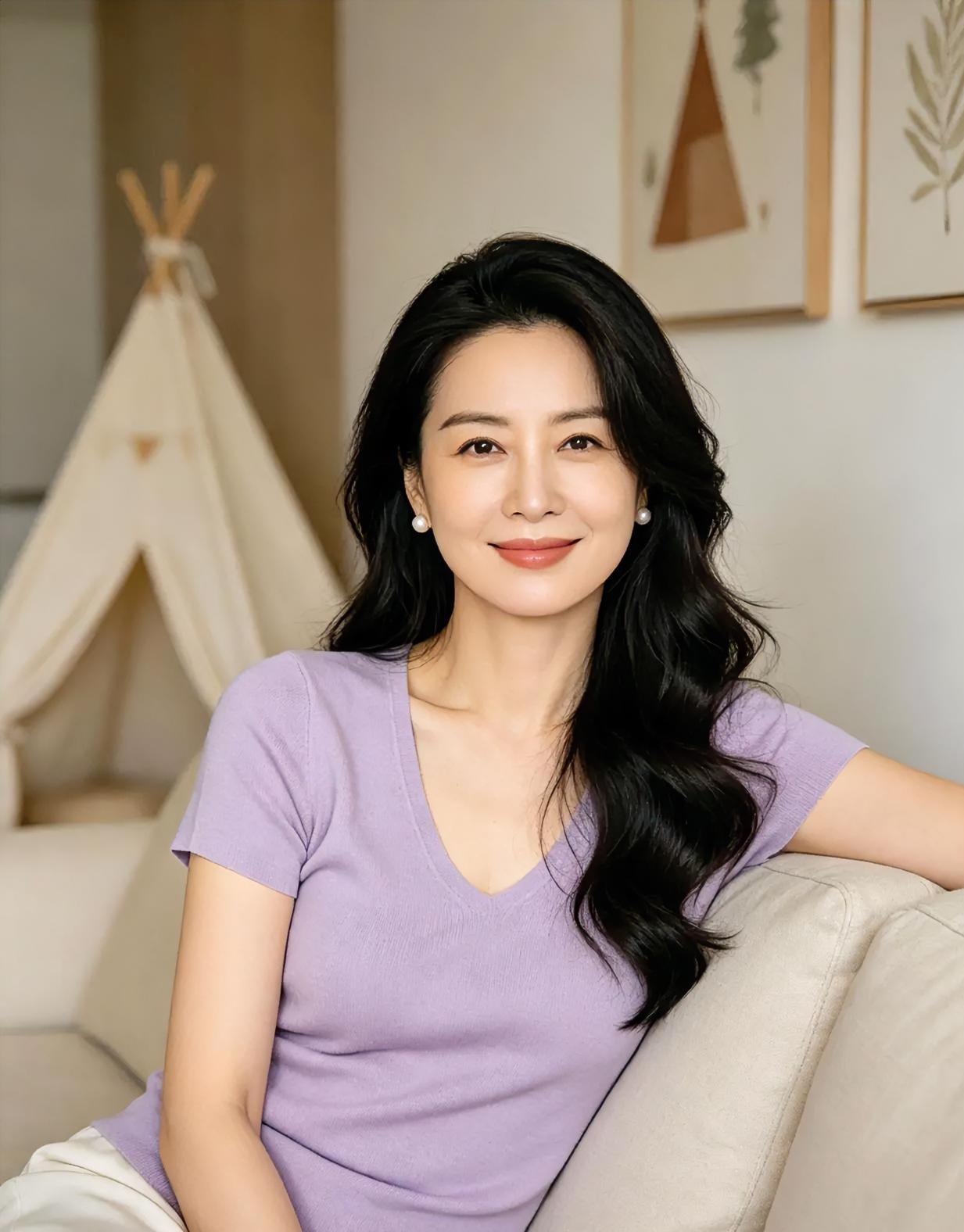 沙发一陷，时光就慢了半拍。

淡紫轻软，长发微卷。

珍珠温润，笑意舒展。

小