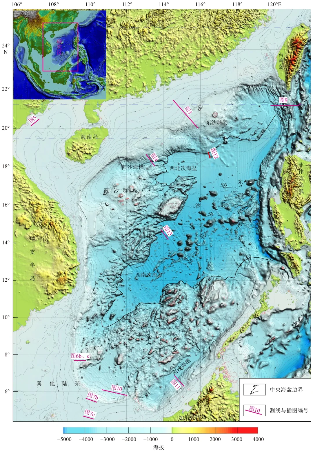 我国南海海底地形及主要断裂分布图
