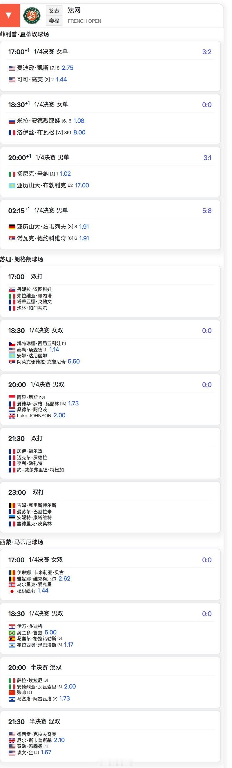 法网2025 今日赛程17:00 凯斯 vs 高芙随后 安德列娃 vs 布瓦松看