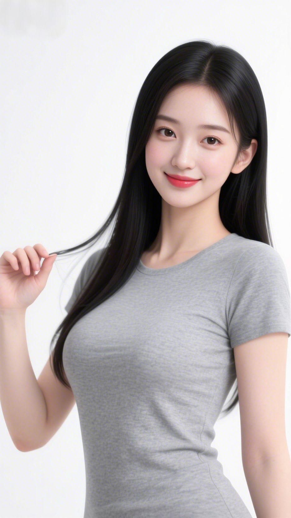 素灰里的轻柔甜意
 
净白背景中，她一身浅灰立在光影间——像把云絮的软，妥帖裹进