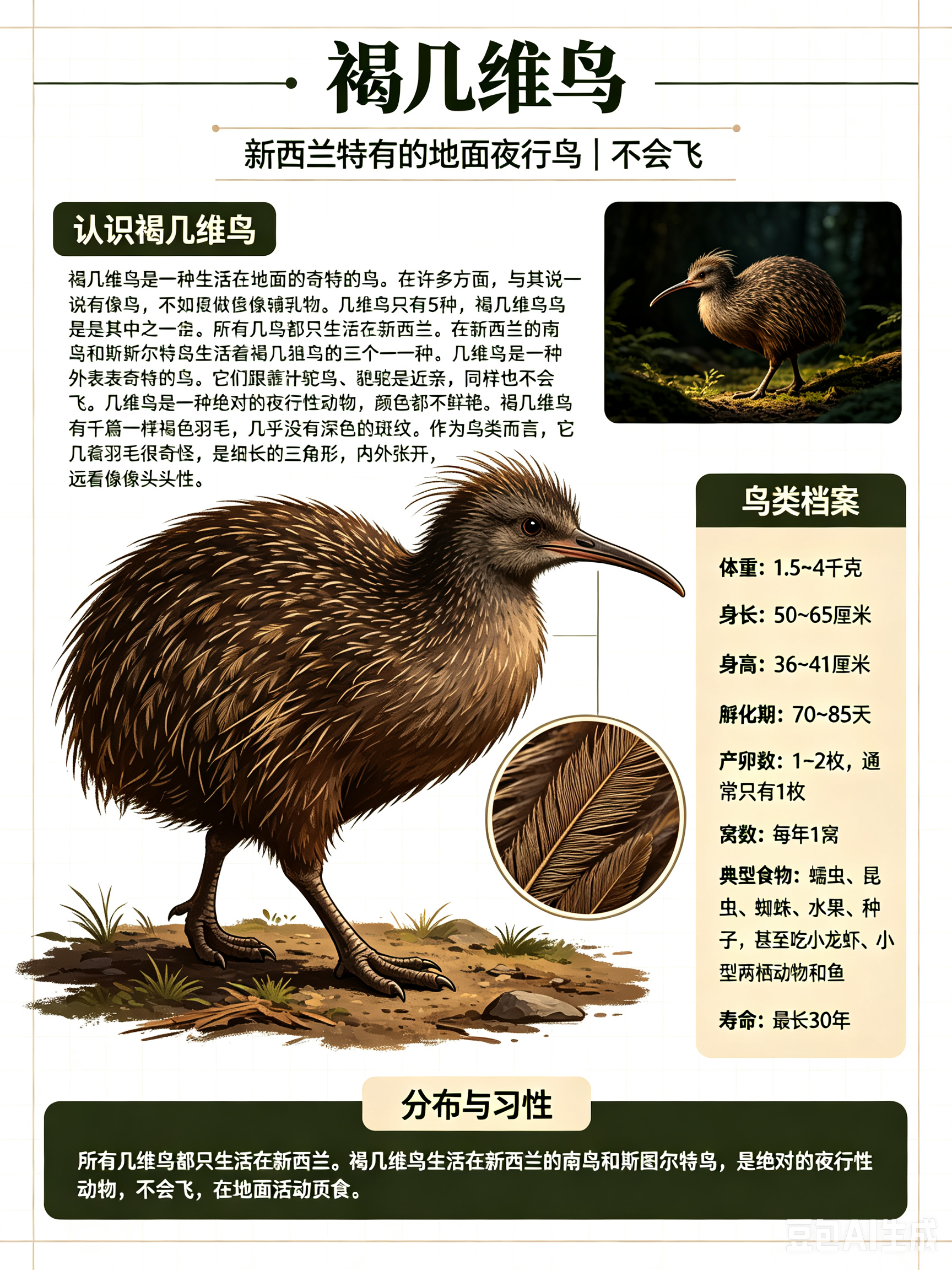 鸟类朋友图鉴 褐几维鸟褐几维鸟是一种生活在地面的奇特的鸟。在许多方面，与其说它们
