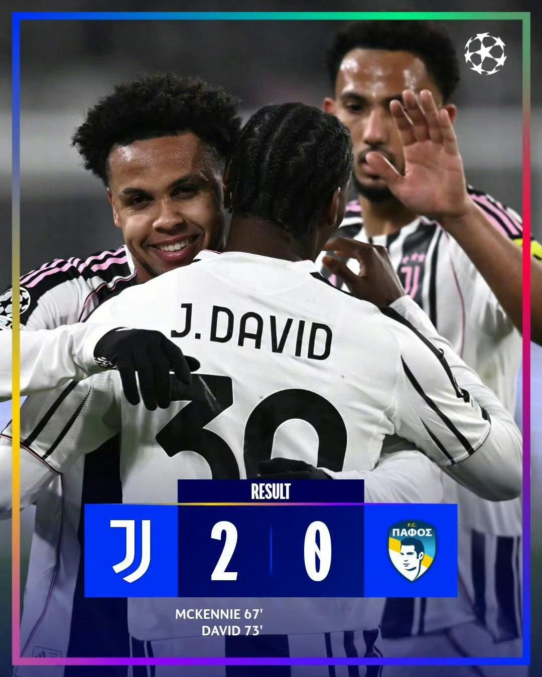 尤文2:0帕福斯欧冠两连胜。
伊尔迪兹当选本场最佳球员。
戴维终于打破球慌。
6