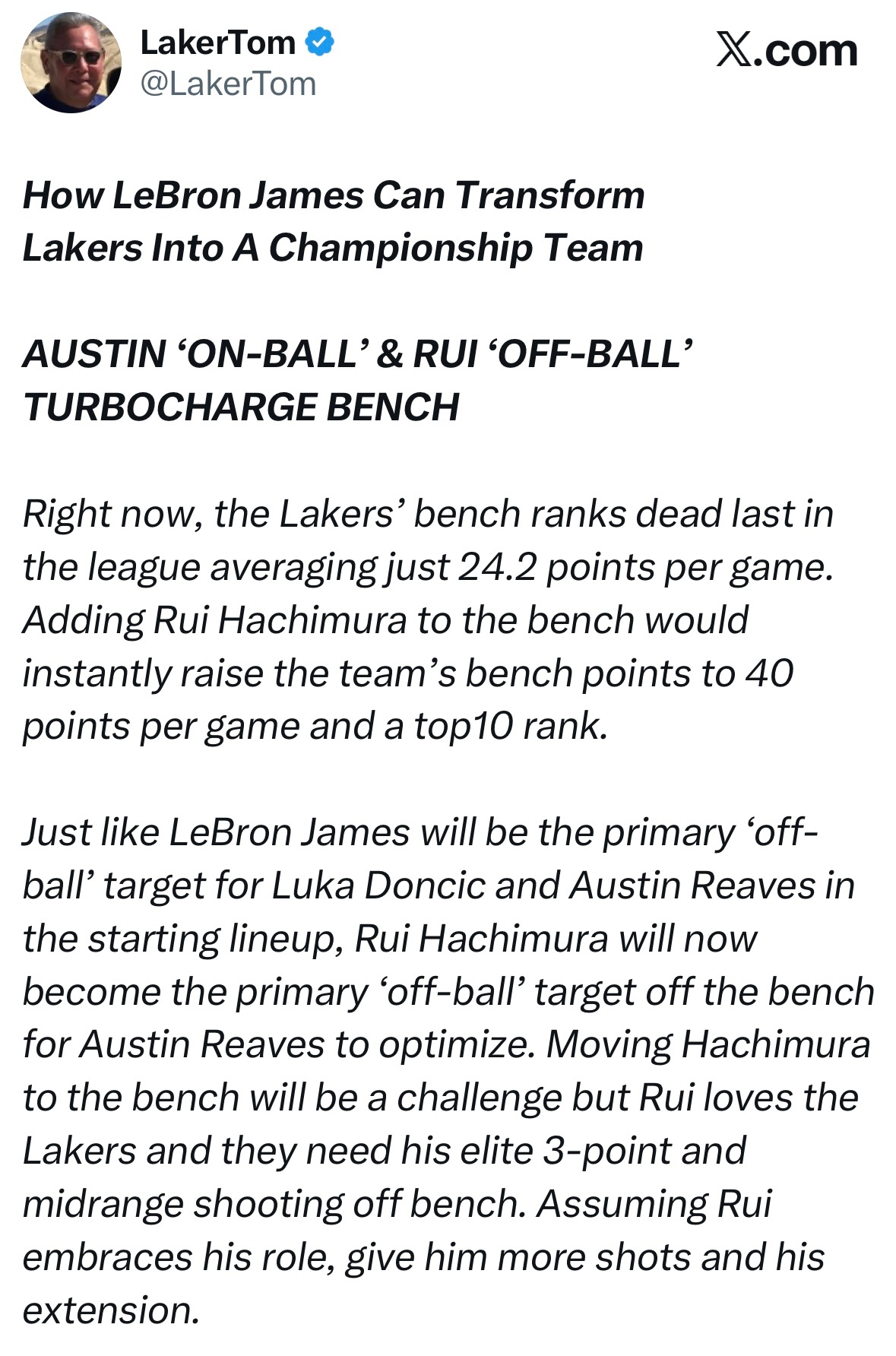 张伯伦粉丝LakerTom建议将八村塁下调到替补《詹姆斯如何将湖人打造成总冠军级