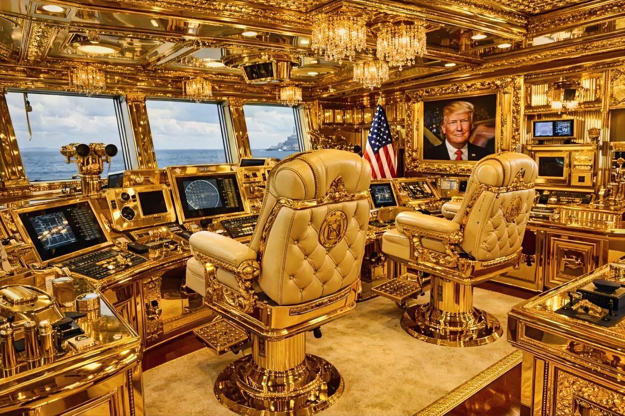 这就是特朗普心目中“特朗普级”战列舰的驾驶室吧！特朗普对黄金的痴迷是全方位的，不