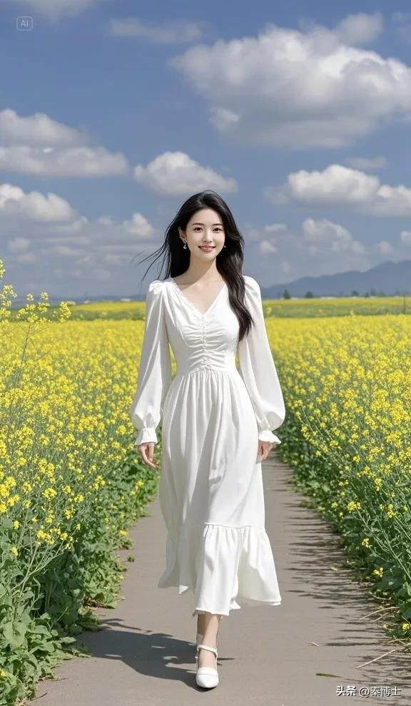 穿白色长裙，漫步花田，感受春日浪漫。