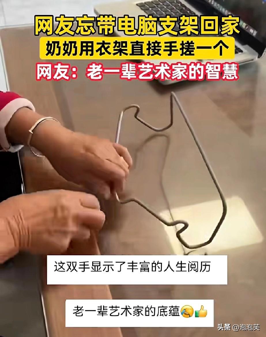 高手在民间

湖北一位网友

忘带电脑支架回家，奶奶直接拿个衣架，几下就徒手弯成