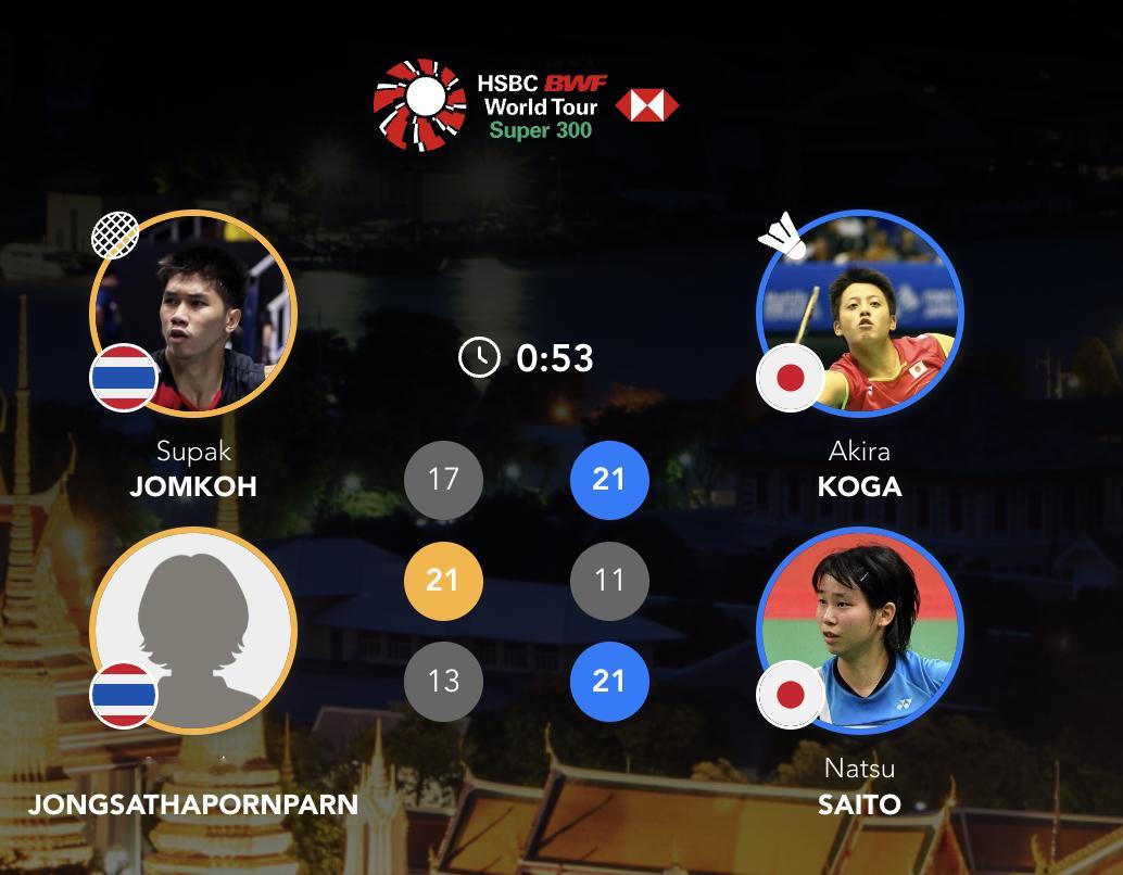 古贺辉/斋藤夏🇯🇵 21-17、11-21、21-13 🇹🇭苏帕克/奥恩