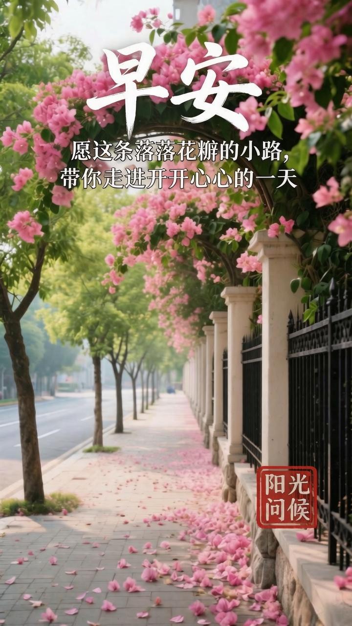 早安。愿你踏着开满露珠的小路，走进清新明亮的这一天。早安 打卡早安心语 阳光问候