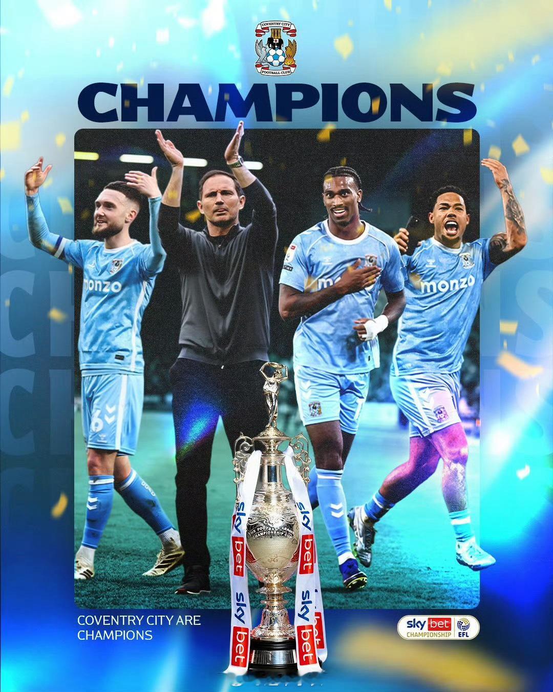 考文垂提前2轮夺得英冠冠军英冠第44轮，考文垂5-1大胜朴茨茅斯，提前两轮锁定英