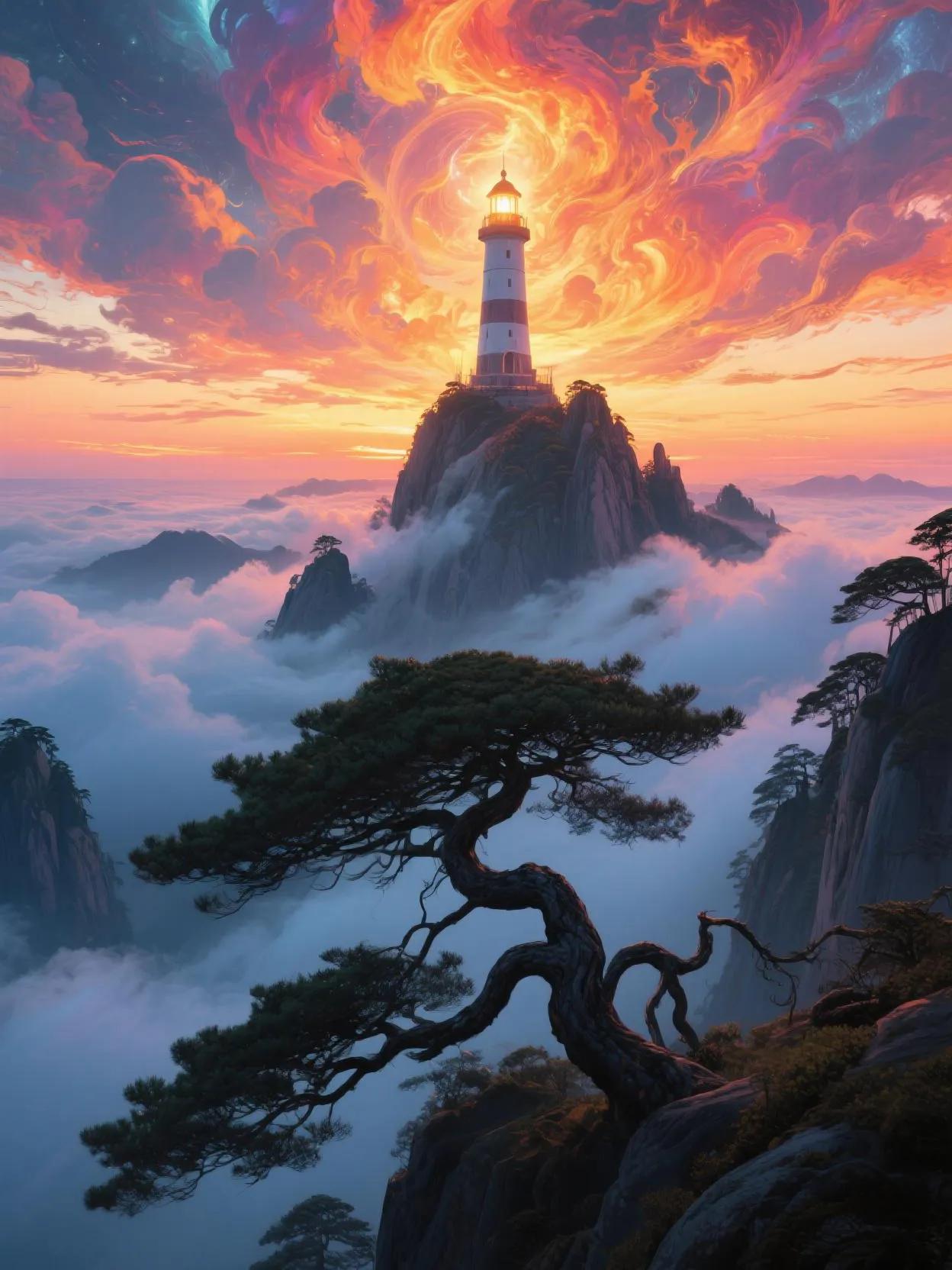 黄山日暮，光明顶如灯塔闪耀，云海翻涌似火，奇松傲立，尽显天地苍茫。黄山的云雾 黄