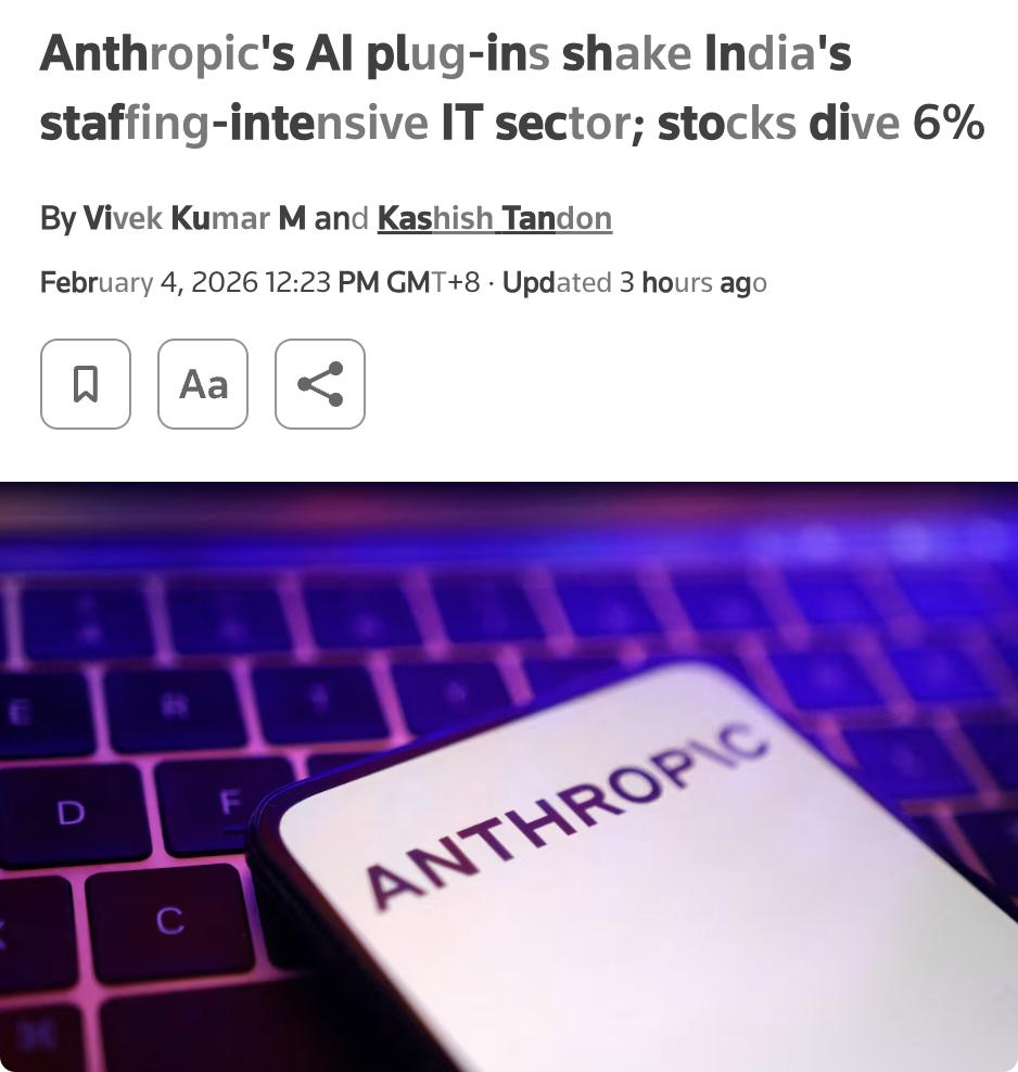 外媒：印度信息技术股指近日暴跌6.3%，主要受到Anthropic公司推出新工具
