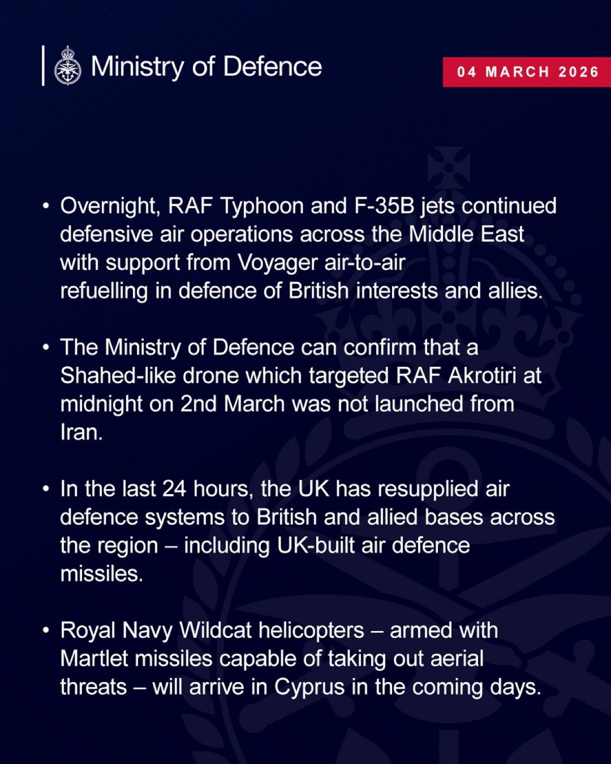 英国国防部表示，袭击塞浦路斯阿克罗蒂里英国皇家空军基地的无人机并不是从伊朗发射的