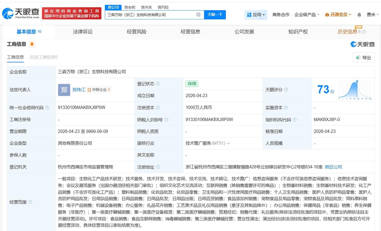 华熙生物等在浙江成立新生物科技公司 注册资本1000万

天眼查App显示，近日
