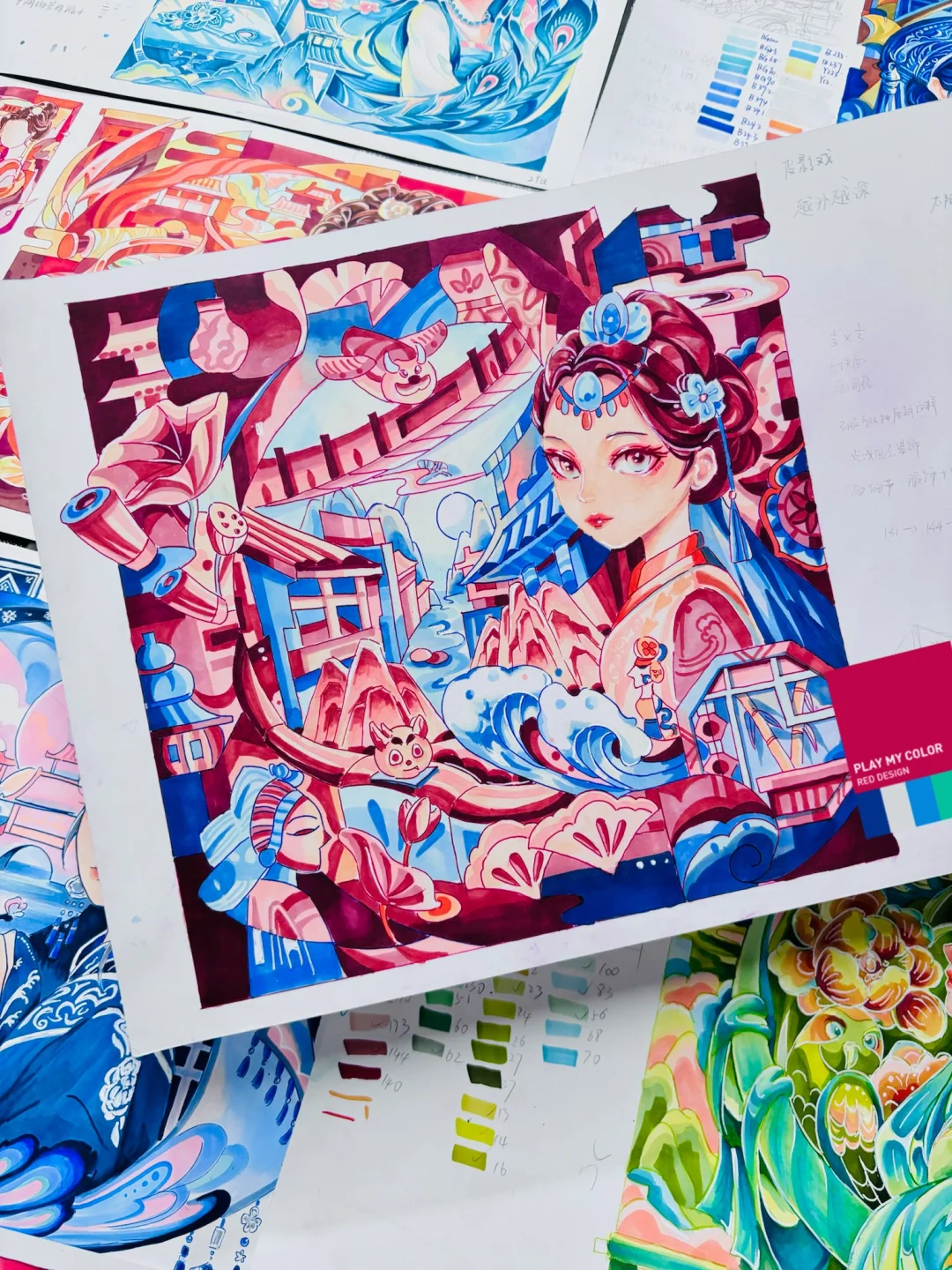 玫红透点蓝～高分不用烦❗️巧用邻近色❗️