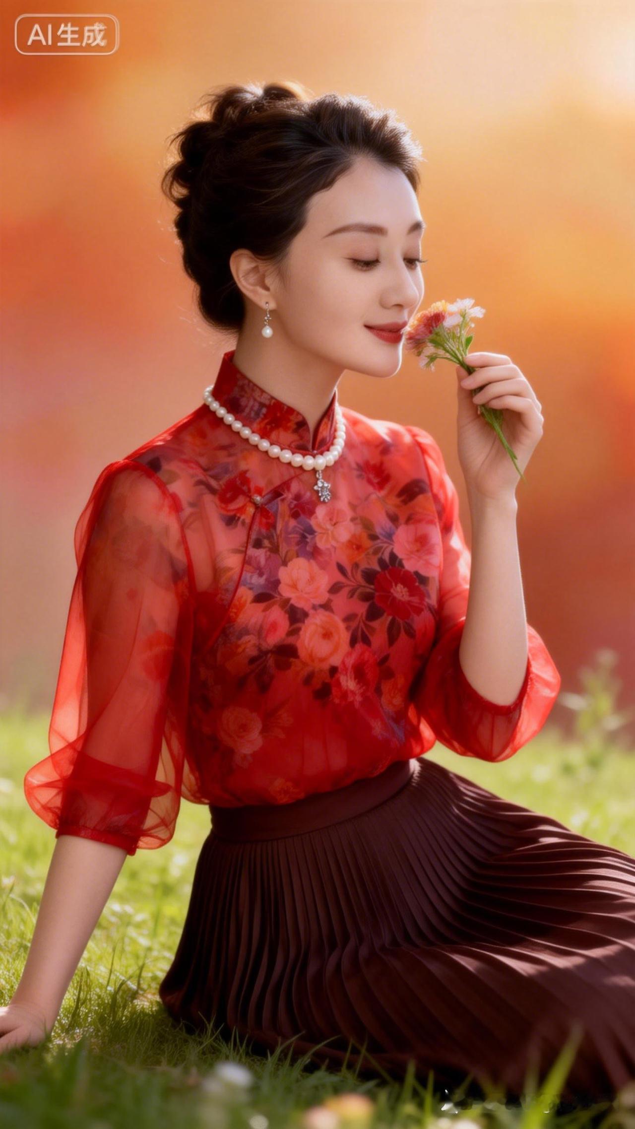 优雅红衣女子，轻嗅花香，感受春日暖阳。