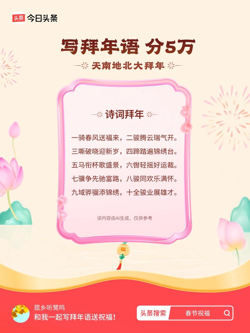 写拜年语送祝福新春拜年送祝福！我的祝福是：“一骑春风送福来，二骏腾云瑞气开。三嘶