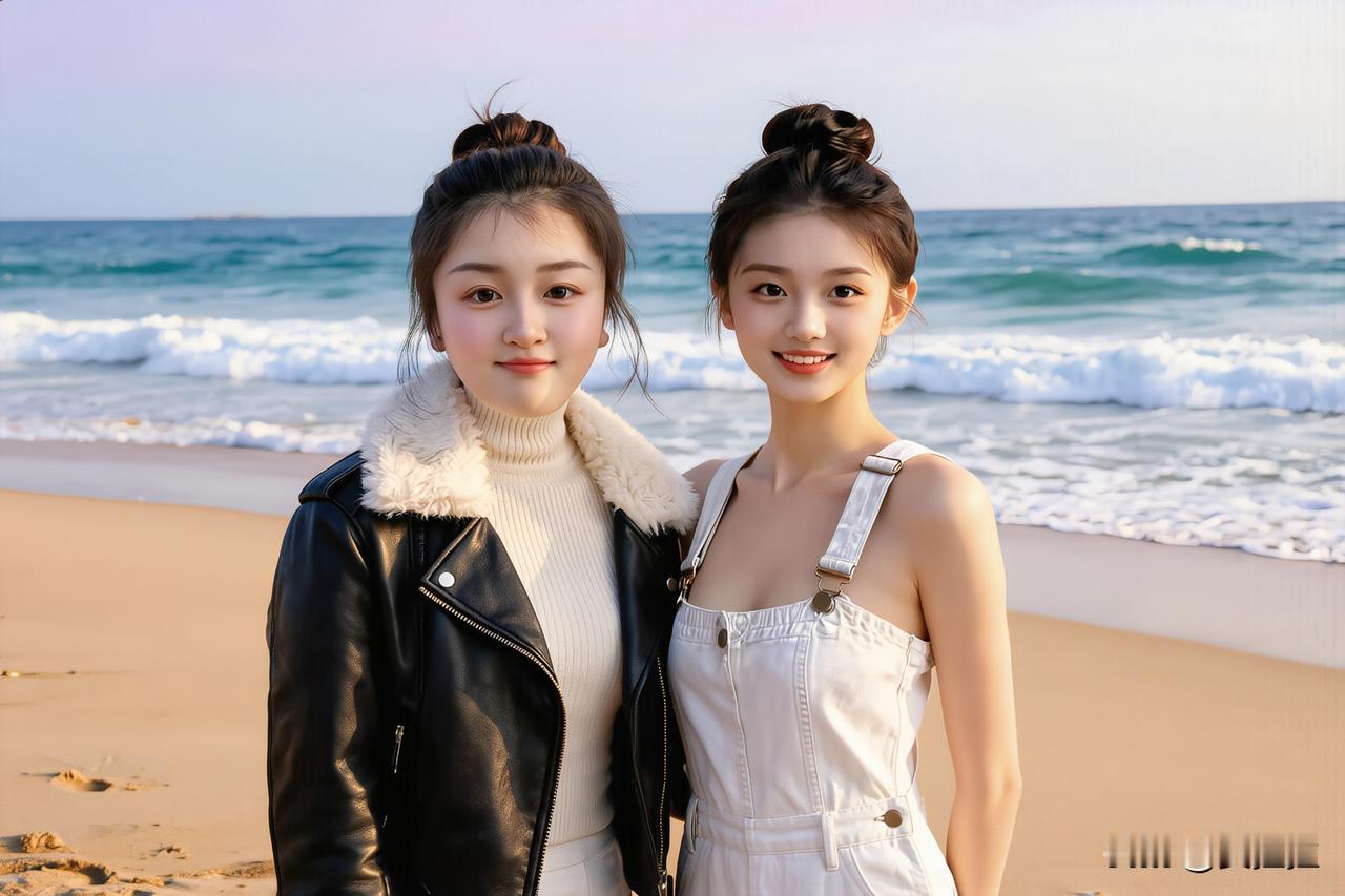 海边姐妹照，甜美笑容，温柔海风