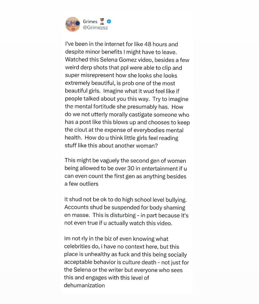 Grimes近日发布长文，以坚定且有力的姿态力挺Selena Gomez，引发了