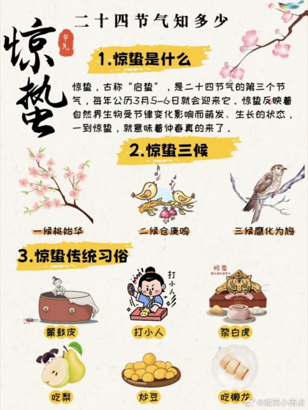 惊蛰有什么习俗1. 吃梨：润肺、远离病痛2. 驱虫：熏艾、扫尘防虫3. 祭白虎、